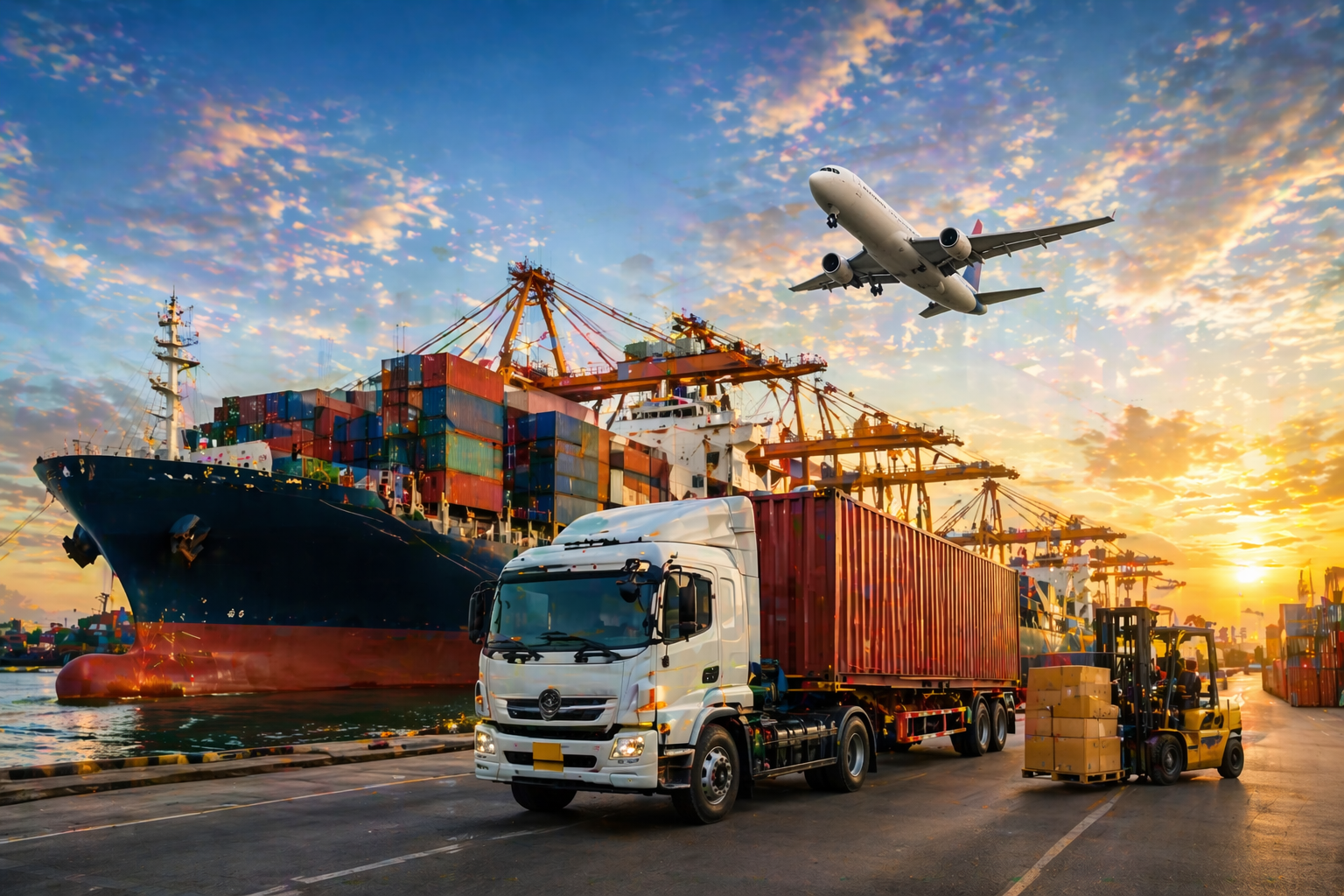 Global import export logistics cargo ship container truck airplane international trade transport